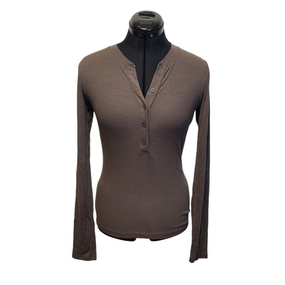 Cotton Citizen Women's Stone Brown Ribbed Long Sleeve Henley Top Size S NWT